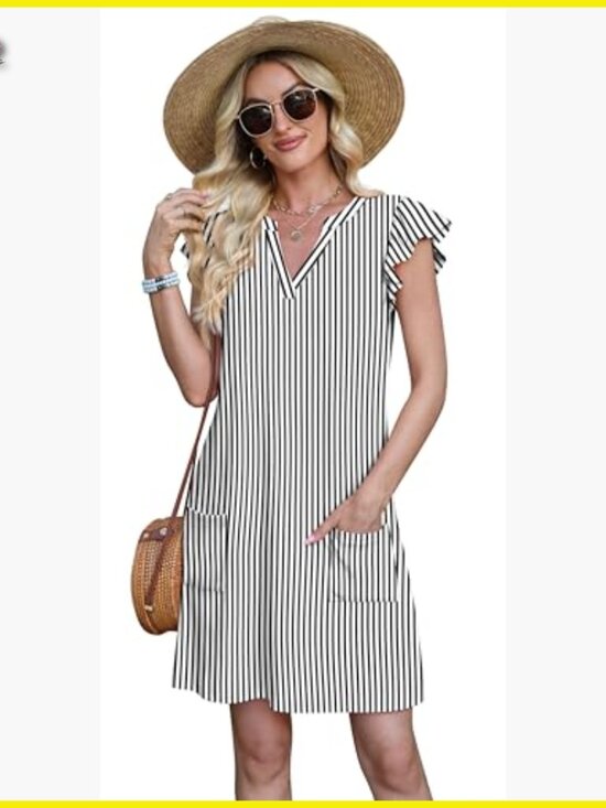 Casual Ruffle Sleeve V Neck Swing Sundress with Pockets Lightweight Fabric - Picture 3 of 7